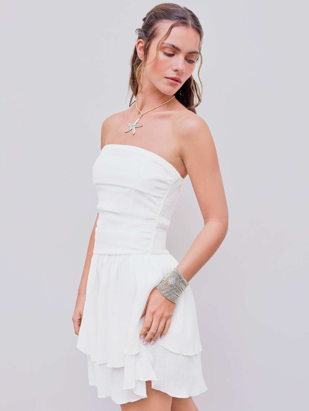 Strapless White Tiered Summer Dress